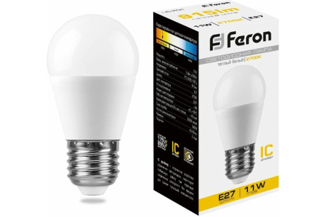 Купить Лампа светодиодная FERON LB-750 11W 230V E27 G45 шар 2700K 915lm 45*90mm фото №1