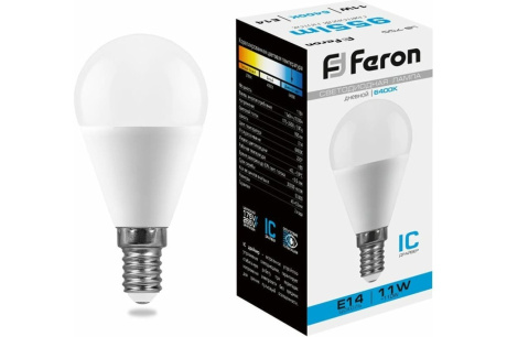 Купить Лампа светодиодная FERON LB-750 11W 230V E14 G45 шар 6400K 955lm 45*92mm 25948 фото №1